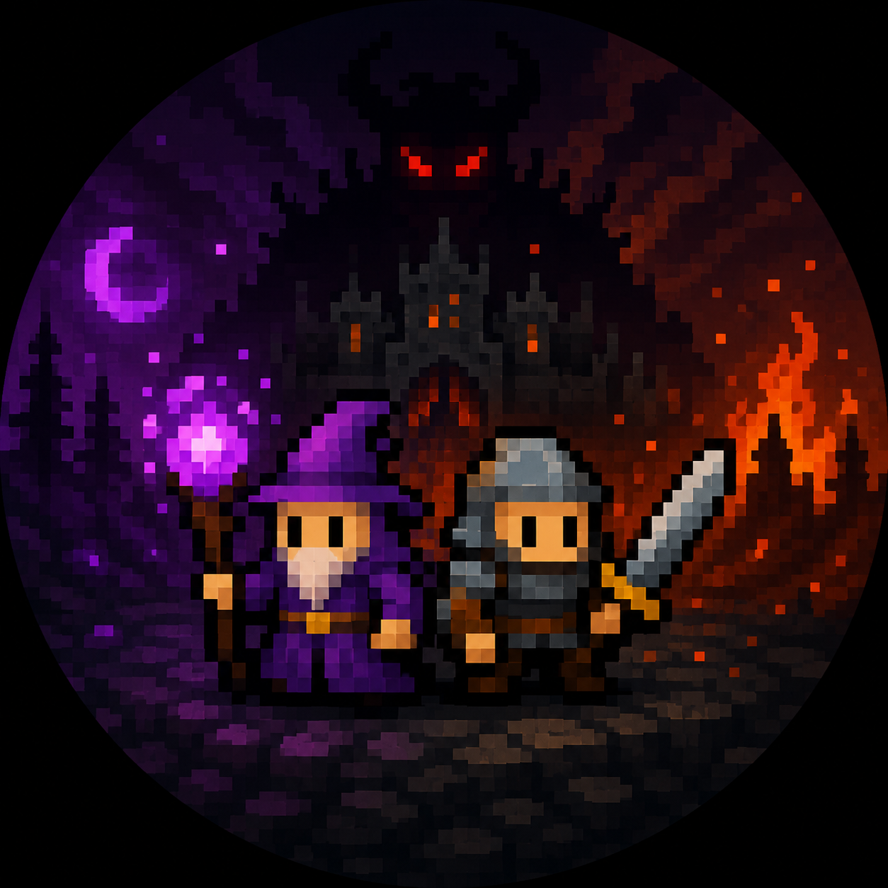 Wizards & Warriors key art — a wizard and warrior stand before a burning castle under a purple moon